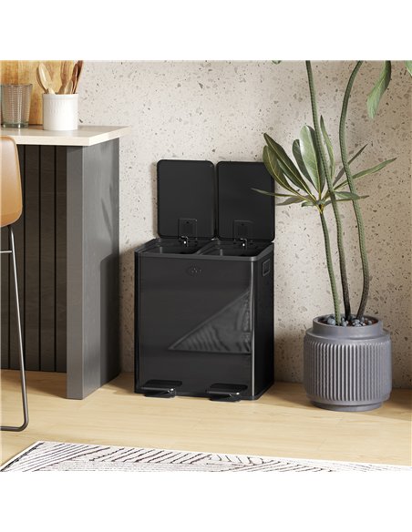 HOMCOM 40L Dual Compartment Stainless Steel Bin, with Deodoriser Holders - Glossy Black - pic 162775 | FastDaddyshop