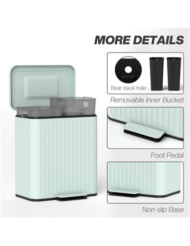 HOMCOM 40L Dual Compartment Rubbish Bin, with Soft-Close Lid - Green
