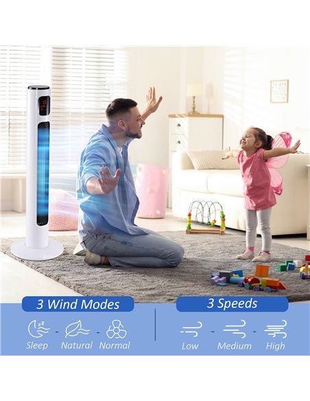 Homcom 38'' Oscillation Tower Fan with 3 Speed, 3 Mode, LED Panel, Remote Controller, White - pic 16279 | FastDaddyshop