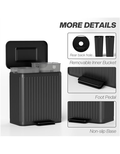 HOMCOM 40L Dual Compartment Rubbish Bin, with Soft-Close Lid - Black