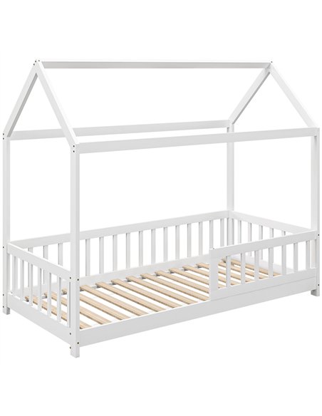 HOMCOM House-Shaped Kids Bed Frame with Safety Fence, Solid Pine Wood Single Bed Frame for Kids Boys and Girls - pic 162794 | FastDaddyshop