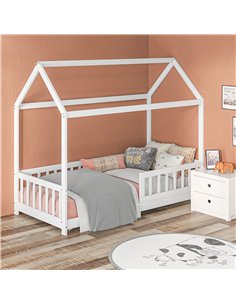 HOMCOM House-Shaped Kids Bed Frame with Safety Fence, Solid Pine Wood Single Bed Frame for Kids Boys and Girls 2
