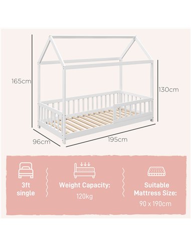 HOMCOM House-Shaped Kids Bed Frame with Safety Fence, Solid Pine Wood Single Bed Frame for Kids Boys and Girls