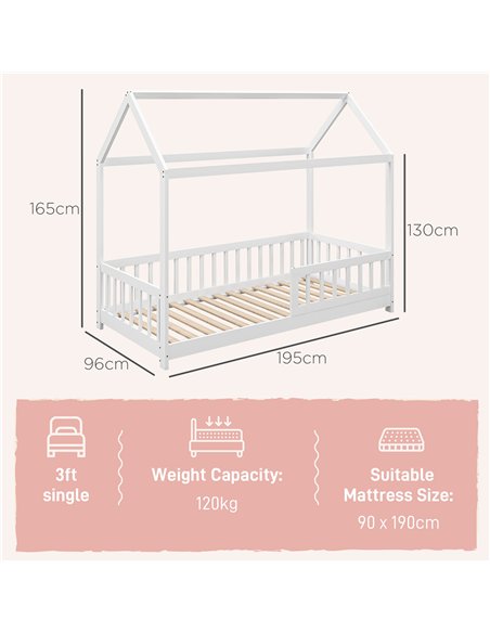 HOMCOM House-Shaped Kids Bed Frame with Safety Fence, Solid Pine Wood Single Bed Frame for Kids Boys and Girls - pic 162796 | FastDaddyshop