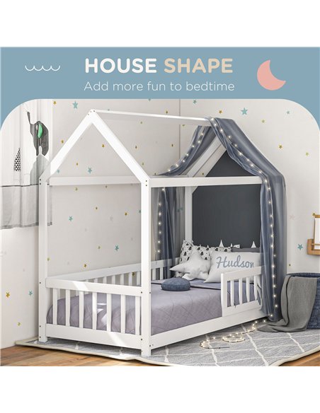 HOMCOM House-Shaped Kids Bed Frame with Safety Fence, Solid Pine Wood Single Bed Frame for Kids Boys and Girls - pic 162797 | FastDaddyshop