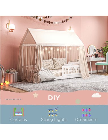 HOMCOM House-Shaped Kids Bed Frame with Safety Fence, Solid Pine Wood Single Bed Frame for Kids Boys and Girls