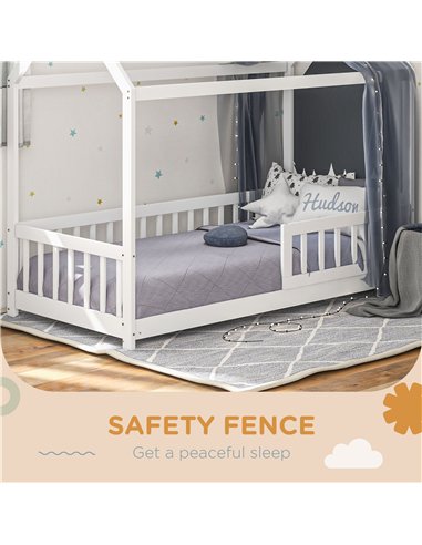 HOMCOM House-Shaped Kids Bed Frame with Safety Fence, Solid Pine Wood Single Bed Frame for Kids Boys and Girls
