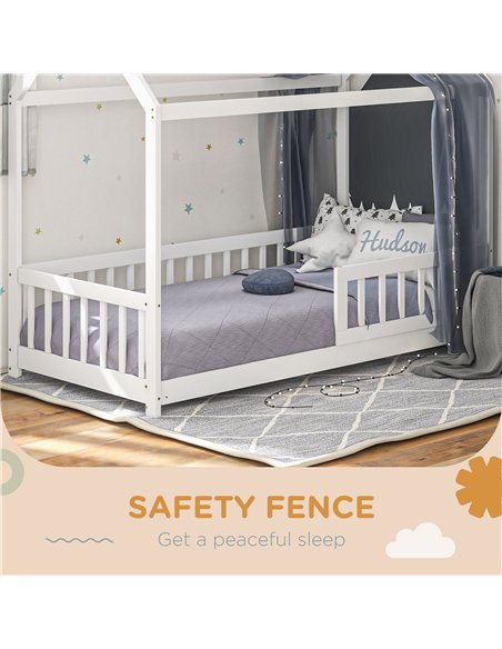 HOMCOM House-Shaped Kids Bed Frame with Safety Fence, Solid Pine Wood Single Bed Frame for Kids Boys and Girls - pic 162799 | FastDaddyshop