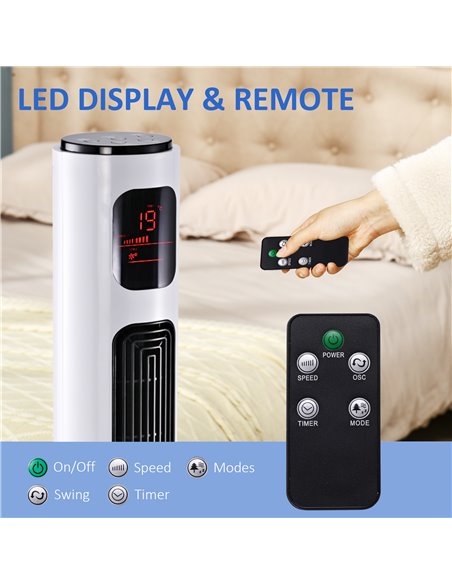Homcom 38'' Oscillation Tower Fan with 3 Speed, 3 Mode, LED Panel, Remote Controller, White - pic 16280 | FastDaddyshop