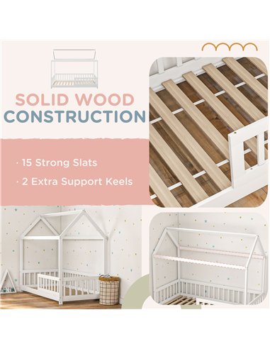 HOMCOM House-Shaped Kids Bed Frame with Safety Fence, Solid Pine Wood Single Bed Frame for Kids Boys and Girls
