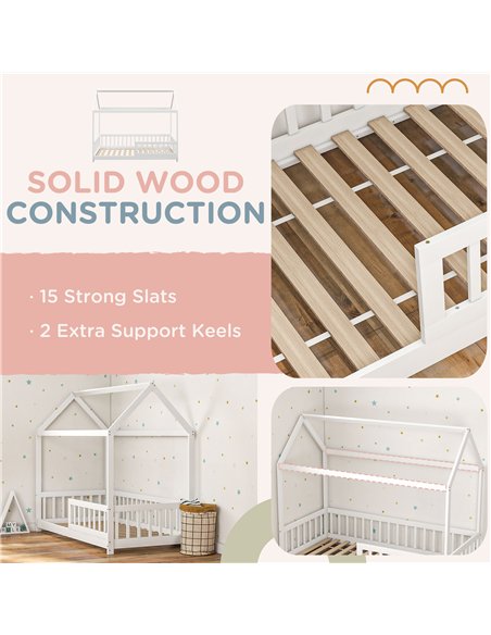 HOMCOM House-Shaped Kids Bed Frame with Safety Fence, Solid Pine Wood Single Bed Frame for Kids Boys and Girls - pic 162800 | FastDaddyshop