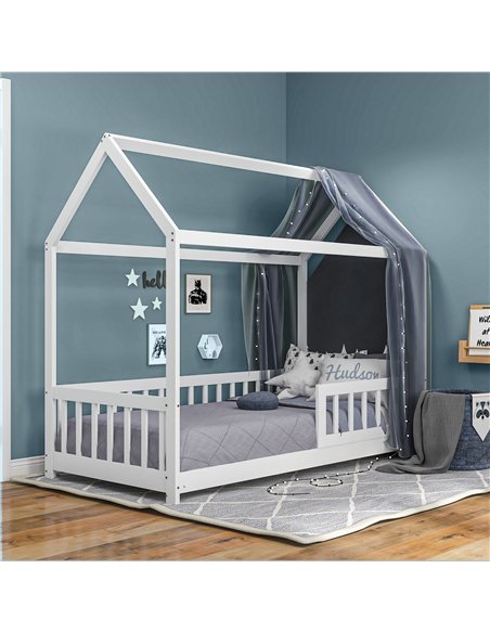 HOMCOM House-Shaped Kids Bed Frame with Safety Fence, Solid Pine Wood Single Bed Frame for Kids Boys and Girls - pic 162801 | FastDaddyshop