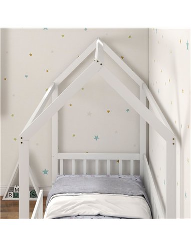 HOMCOM House-Shaped Kids Bed Frame with Safety Fence, Solid Pine Wood Single Bed Frame for Kids Boys and Girls