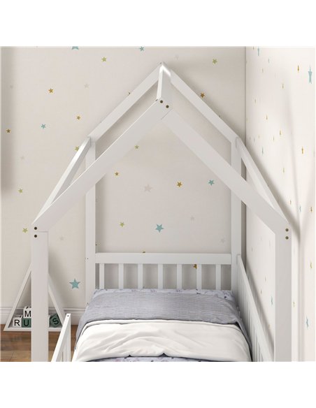 HOMCOM House-Shaped Kids Bed Frame with Safety Fence, Solid Pine Wood Single Bed Frame for Kids Boys and Girls - pic 162802 | FastDaddyshop