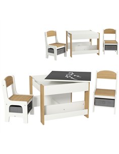 HOMCOM Three-Piece Kids Table and Chair Set with Blackboard, Storage, Bookshelves - Natural Wood