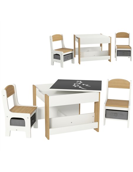 HOMCOM Three-Piece Kids Table and Chair Set with Blackboard, Storage, Bookshelves - Natural Wood - pic 162803 | FastDaddyshop