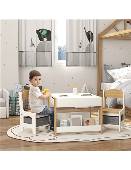 HOMCOM Three-Piece Kids Table and Chair Set with Blackboard, Storage, Bookshelves - Natural Wood - pic 162804 | FastDaddyshop