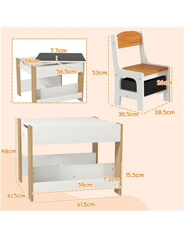 HOMCOM Three-Piece Kids Table and Chair Set with Blackboard, Storage, Bookshelves - Natural Wood
