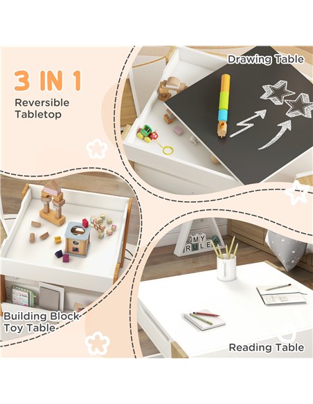 HOMCOM Three-Piece Kids Table and Chair Set with Blackboard, Storage, Bookshelves - Natural Wood - pic 162806 | FastDaddyshop