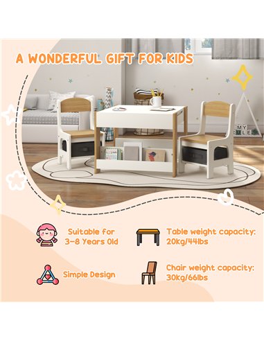 HOMCOM Three-Piece Kids Table and Chair Set with Blackboard, Storage, Bookshelves - Natural Wood