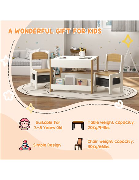 HOMCOM Three-Piece Kids Table and Chair Set with Blackboard, Storage, Bookshelves - Natural Wood - pic 162807 | FastDaddyshop