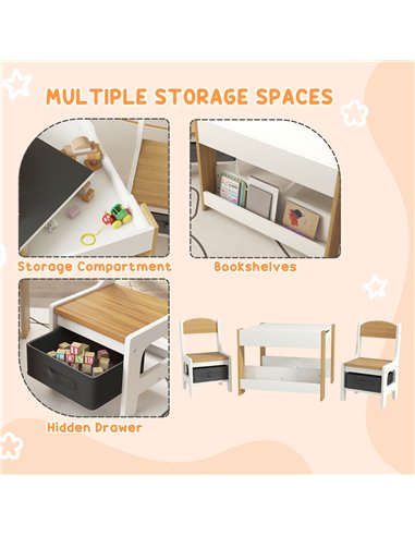 HOMCOM Three-Piece Kids Table and Chair Set with Blackboard, Storage, Bookshelves - Natural Wood
