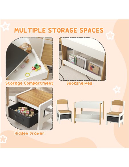 HOMCOM Three-Piece Kids Table and Chair Set with Blackboard, Storage, Bookshelves - Natural Wood - pic 162808 | FastDaddyshop