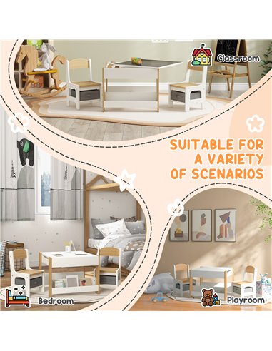 HOMCOM Three-Piece Kids Table and Chair Set with Blackboard, Storage, Bookshelves - Natural Wood