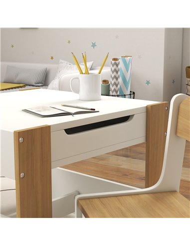 HOMCOM Three-Piece Kids Table and Chair Set with Blackboard, Storage, Bookshelves - Natural Wood