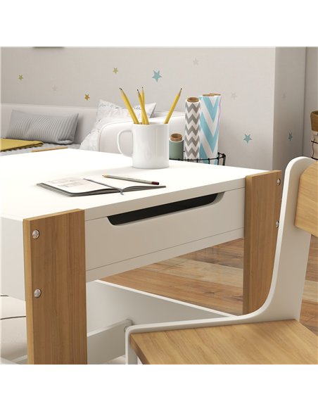 HOMCOM Three-Piece Kids Table and Chair Set with Blackboard, Storage, Bookshelves - Natural Wood - pic 162810 | FastDaddyshop
