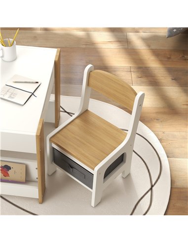 HOMCOM Three-Piece Kids Table and Chair Set with Blackboard, Storage, Bookshelves - Natural Wood