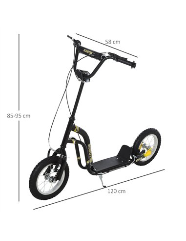 HOMCOM Teen Kids Stunt Scooter w/ Adjustable Handlebar, 12 Inch Rubber Tyres, Dual Brakes, Black