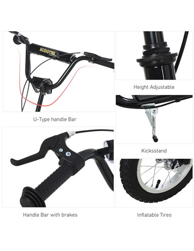 HOMCOM Teen Kids Stunt Scooter w/ Adjustable Handlebar, 12 Inch Rubber Tyres, Dual Brakes, Black