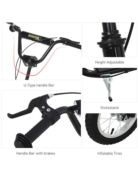 HOMCOM Teen Kids Stunt Scooter w/ Adjustable Handlebar, 12 Inch Rubber Tyres, Dual Brakes, Black - pic 162816 | FastDaddyshop