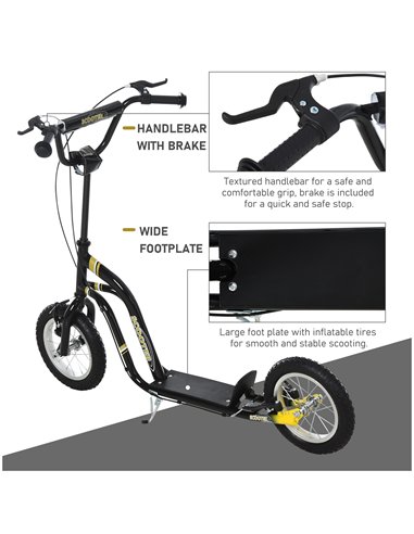 HOMCOM Teen Kids Stunt Scooter w/ Adjustable Handlebar, 12 Inch Rubber Tyres, Dual Brakes, Black