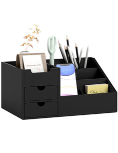 HOMCOM Desk Organiser Holder, Bamboo Multi-Function Storage Caddy with 7 Storage Compartments and 2 Drawers for Home Office Stat