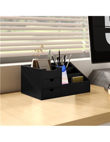 HOMCOM Desk Organiser Holder, Bamboo Multi-Function Storage Caddy with 7 Storage Compartments and 2 Drawers for Home Office Stat