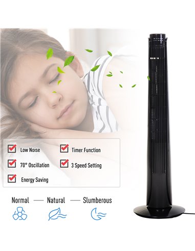 Homcom 36" Oscillating Tower Fan with Remote Control, 3 Speed, Quiet Cooling Fans, Black