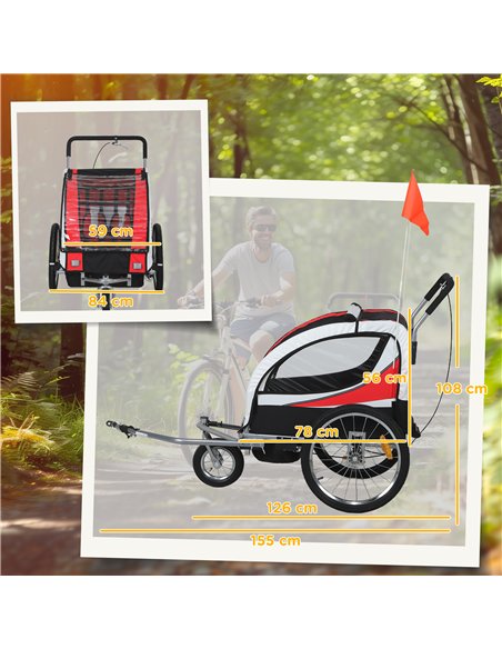 HOMCOM Baby Bike Trailer, Child Bicycle Trailer with 5 Point Harness, Steel Frame, Reflectors, Safety Flag, Hitch Coupler, Red - pic 162913 | FastDaddyshop