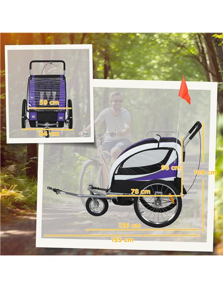 HOMCOM Baby Bike Trailer with 5 Point Harness, Steel Frame, Reflectors, Safety Flag, Hitch Coupler, Purple - pic 162922 | FastDaddyshop