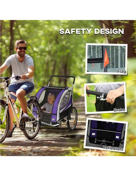 HOMCOM Baby Bike Trailer with 5 Point Harness, Steel Frame, Reflectors, Safety Flag, Hitch Coupler, Purple - pic 162927 | FastDaddyshop