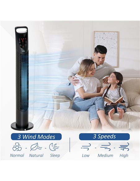 HOMCOM Tower Fan Oscillating 3 Speeds 3 Winds 40W w/ Remote Control Timer Moving Head Quiet Operation Home Office Bedroom Black  - pic 16305 | FastDaddyshop