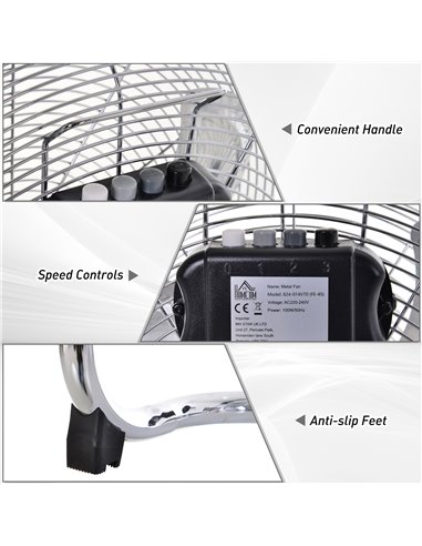 HOMCOM 20" Chrome Silver Metal Floor Fan High Velocity 3 Speed Settings Wind Low Noise Adjustable Fan Head 100W