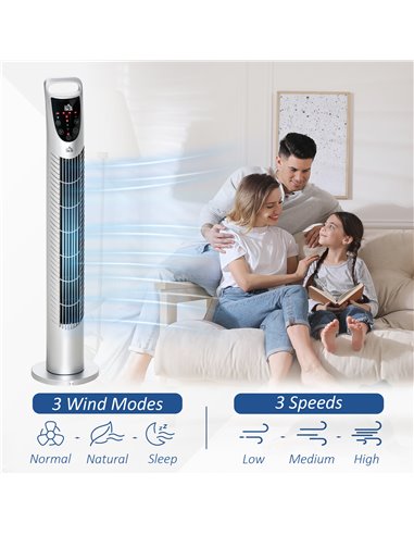 Homcom Oscillating Tower Fan with Remote Control, Timer, 3 Speed, Quiet Cooling Fans, Silver