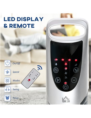 HOMCOM Tower Fan Oscillating 3 Speeds 3 Winds 40W w/ Remote Control Timer Moving Head Quiet Operation Home Office Bedroom Silver