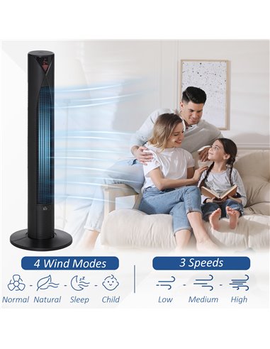 Homcom 38" Ultra Slim Oscillating Tower Fan with Remote Control, 3 Speed, Timer, Black