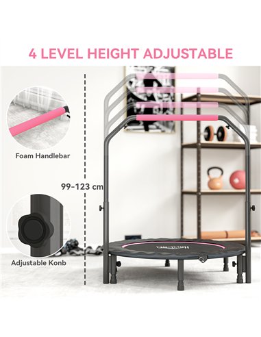 HOMCOM 45" Foldable Mini Fitness Trampoline, with Adjustable Foam Handle, Pink