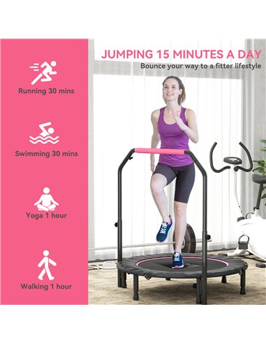 HOMCOM 45" Foldable Mini Fitness Trampoline, with Adjustable Foam Handle, Pink