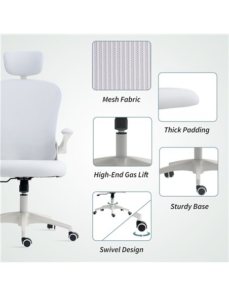Vinsetto Multi-Adjustable Office Chair, with Lumbar Support, Headrest and Mesh Back - White - pic 163449 | FastDaddyshop