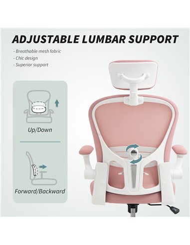 Vinsetto Multi-Adjustable Office Chair, with Lumbar Support, Headrest and Mesh Back - Pink